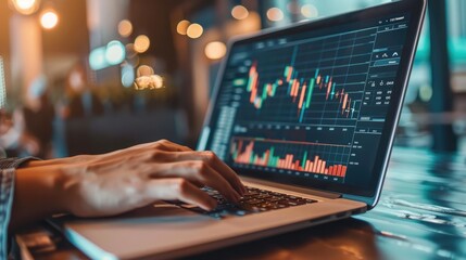 Poster - Hands typing on a laptop, using financial management software to analyze investment portfolios