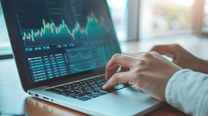 Poster - Hands typing on a laptop, using financial management software to analyze investment portfolios