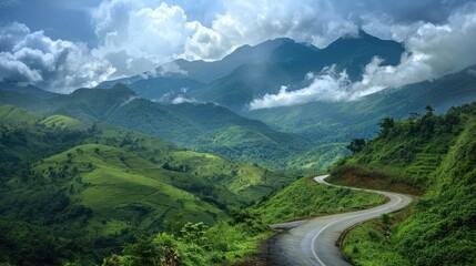 Road cutting through a lush mountain range, with a stunning sky full of clouds in the background