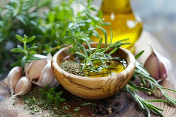 Poster - A wooden bowl filled with olive oil, rosemary, thyme, and oregano sits on a rustic wooden surface. Generative AI