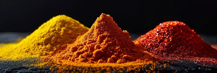 Poster - A close-up shot of colorful spices arranged in small piles on a black surface. Generative AI