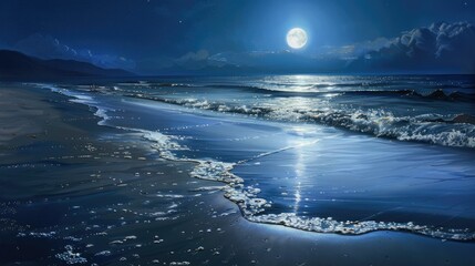 Wall Mural - The full moon casts a shimmering light over the liquid surface of the ocean at night, creating a mesmerizing atmosphere with clouds and a clear sky AIG50