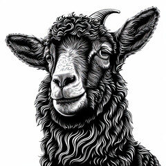 A black and white drawing of a sheep with horns