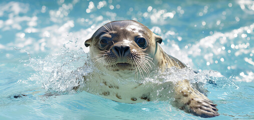 Wall Mural - A seal playfully swims in bright blue water, its face emerging with water droplets splashing around