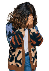 Sticker - Middle age hispanic woman wearing casual clothes with sad expression covering face with hands while crying. depression concept.