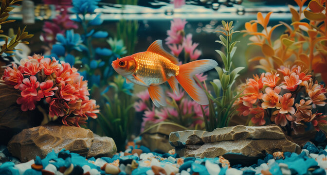 A bright orange goldfish swims among colorful artificial plants and rocks in a vibrant aquarium