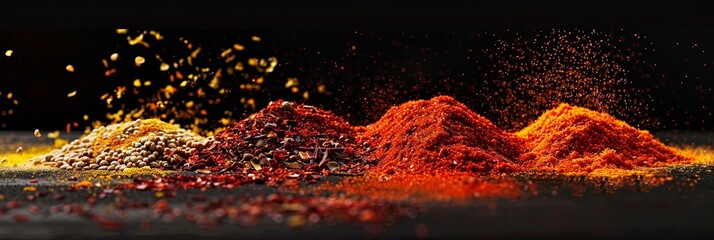 Poster - An assortment of bright and exotic spices like saffron, curry powder, and annatto are arranged on a black surface, creating a vibrant and aromatic display. Generative AI