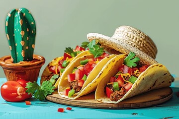 Wall Mural - Traditional Mexican tacos with meat and vegetables. Mexican Traditional Tacos isolated on Cactus and Sombrero hat background with copy space. Mexican Food Concept with Copy Space.