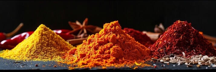 Aufkleber - A close-up image of various colorful spices arranged on a black surface. Generative AI