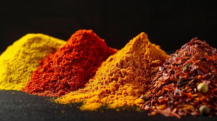 Poster - Close-up of vibrant saffron, curry powder, and annatto spices arranged on a black background. Generative AI
