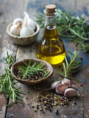 Aufkleber - A rustic wooden surface displays a collection of Mediterranean herbs and spices, including rosemary, thyme, oregano, garlic, and olive oil. Generative AI