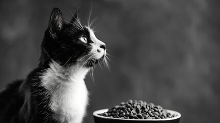 Canvas Print - Black and White Cat Next to Pet Food