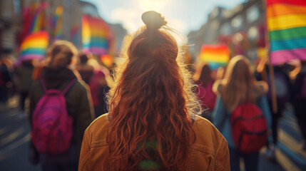 A photo of a protest with signs advocating for intersectional rights, Intersectionality Awareness Month, hd, with copy space