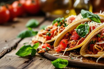 Poster - Mexican tacos with beef. Tacos with grilled chicken meat and veggies. Traditional Mexican tacos with meat and vegetables on a background with copy space. Mexican Food Concept with Copy Space.
