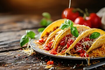 Wall Mural - Mexican tacos with beef. Tacos with grilled chicken meat and veggies. Traditional Mexican tacos with meat and vegetables on a background with copy space. Mexican Food Concept with Copy Space.