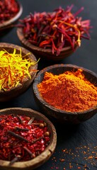 Poster - Close-up of a selection of colorful spices in wooden bowls, including saffron, curry powder, and annatto, arranged on a black surface. Generative AI