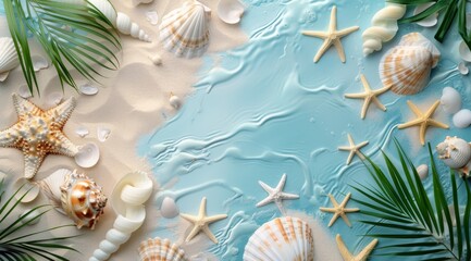 Wall Mural - Seashells and Starfish on Blue Background With Palm Fronds and Sand