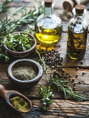 Fototapete - A rustic wooden table adorned with fresh rosemary, thyme, oregano, and olive oil, creating a vibrant display of Mediterranean flavors. Generative AI