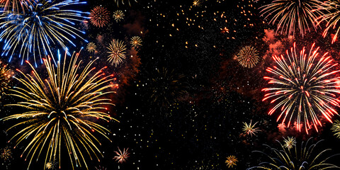 Wall Mural - Fireworks border frame on black background with copyspace