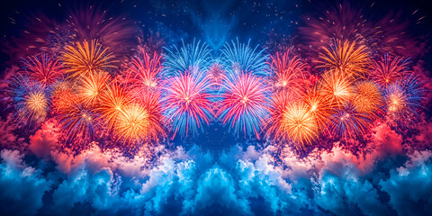Wall Mural - Colorful fireworks at night, pyrotechnics display, holiday show, 4th of July, New Year's Eve, wide banner