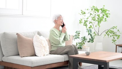 Wall Mural - video of an elderly (senior) woman holding a cell phone (cell phone) and talking, smiling in profile