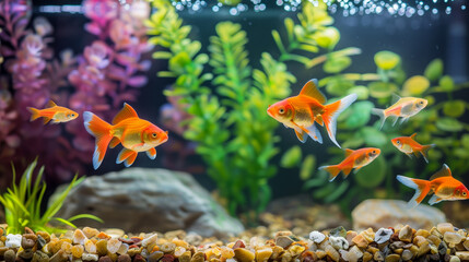 Wall Mural - Colorful goldfish swim gracefully in a well-decorated aquarium, surrounded by vibrant plants, rocks, and gravel