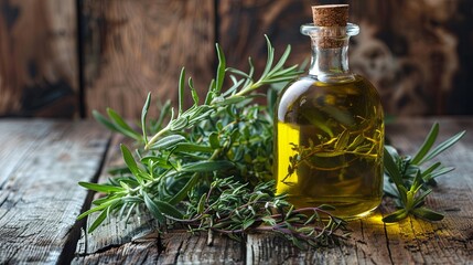 Poster - A close-up of fresh rosemary, thyme, and oregano sprigs surrounding a bottle of olive oil on a rustic wooden background. Generative AI
