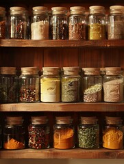 Poster - A close-up shot of glass jars filled with various spices, neatly arranged on a wooden shelf. Generative AI