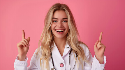 Young blonde doctor woman over isolated background amazed and smiling to the camera while presenting with hand and pointing with finger