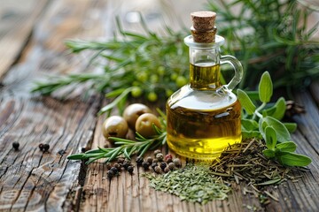 Aufkleber - A close-up view of a rustic wooden table with olive oil in a glass bottle, olives, and fresh Mediterranean herbs and spices, including rosemary, thyme, oregano, and sage. Generative AI