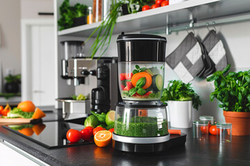 Streamlined kitchen equipped with smoothie maker. Whipping up vibrant green detox smoothie packed with nutrients.