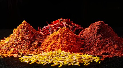 Wall Mural - A close-up photo showcasing the vibrant colors of saffron, curry powder, and annatto spices arranged on a black background. Generative AI