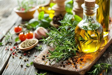 Aufkleber - A rustic wooden board filled with fresh rosemary, thyme, oregano, garlic, and olive oil. Generative AI