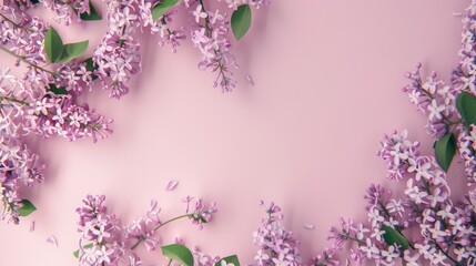 Wall Mural - Lilac Flowers on Pink Spring Background Mockup Top View with Copy Space