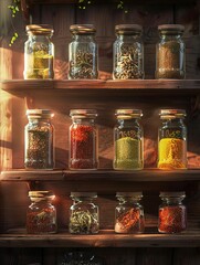 Poster - A close-up shot of a wooden shelf filled with glass jars containing various spices, including paprika, turmeric, cumin, and oregano. Generative AI