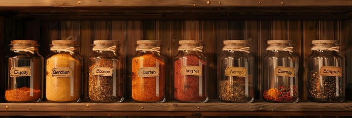 Aufkleber - A row of glass jars filled with various spices sits on a wooden shelf. Each jar has a label with the name of the spice written on it. Generative AI