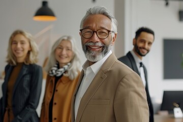 Wall Mural - Portrait of a happy mature businessman standing in front of his colleagues