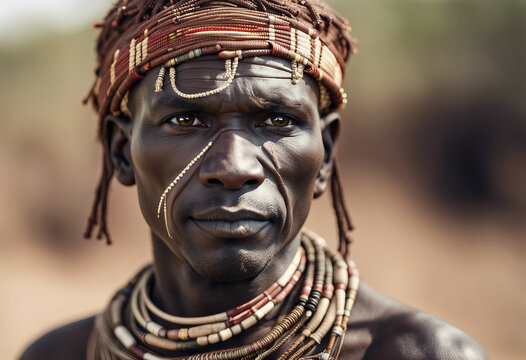 portrait of turkana man in traditional clothes, copy space for text