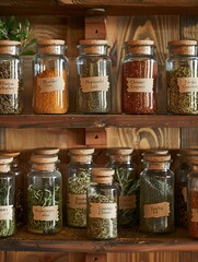 Poster - Various spice-filled glass jars with cork lids and hand-written labels like paprika, turmeric, cumin, and oregano, neatly arranged on a wooden shelf in a rustic kitchen. Generative AI