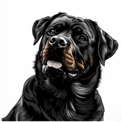 A black and white drawing of a rottweiler dog