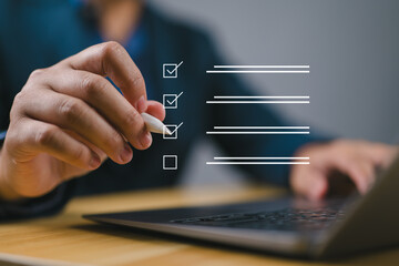 Poster - Businessman tick correct sign mark for document approve , project acceptance and quality assurance concept, Take an assessment, questionnaire, evaluation, online survey online exam.