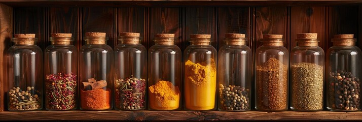 Poster - Glass jars filled with spices like paprika, turmeric, cumin, and oregano, lined up neatly on a wooden shelf with labels. Generative AI