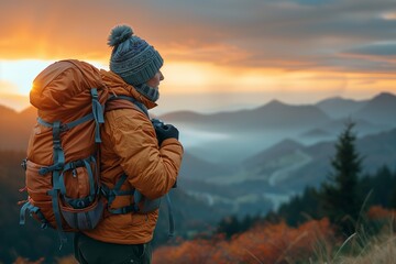 Wall Mural - Backpacker Contemplating Sunrise Over Mountain Range