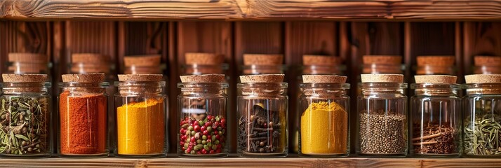 Poster - A close-up view of a wooden shelf filled with glass jars of spices, each with a cork lid and a label. Generative AI