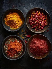 Poster - An assortment of exotic spices, including saffron, curry powder, and annatto, are displayed in four black bowls on a dark surface. Generative AI