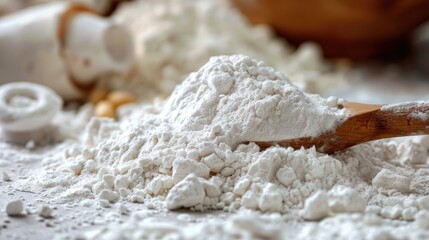 Sticker - Close up photo of white flour pile with wooden spoon