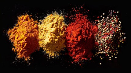 Poster - A close-up image showcasing vibrant saffron, curry powder, annatto, and peppercorns arranged on a black background. Generative AI
