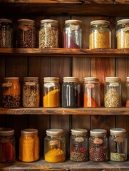 Aufkleber - A close-up shot of a wooden shelf filled with glass jars of various spices. Generative AI