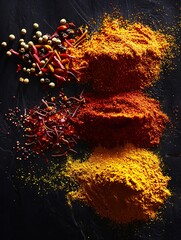 Wall Mural - Vibrant red, yellow, and orange spices, including saffron, curry powder, and annatto, are arranged on a dark, textured surface. Generative AI