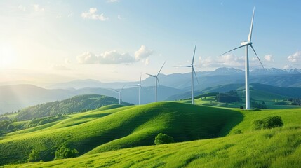 sustainable energy hills with wind turbines, esg abstract landscape, lush green hills